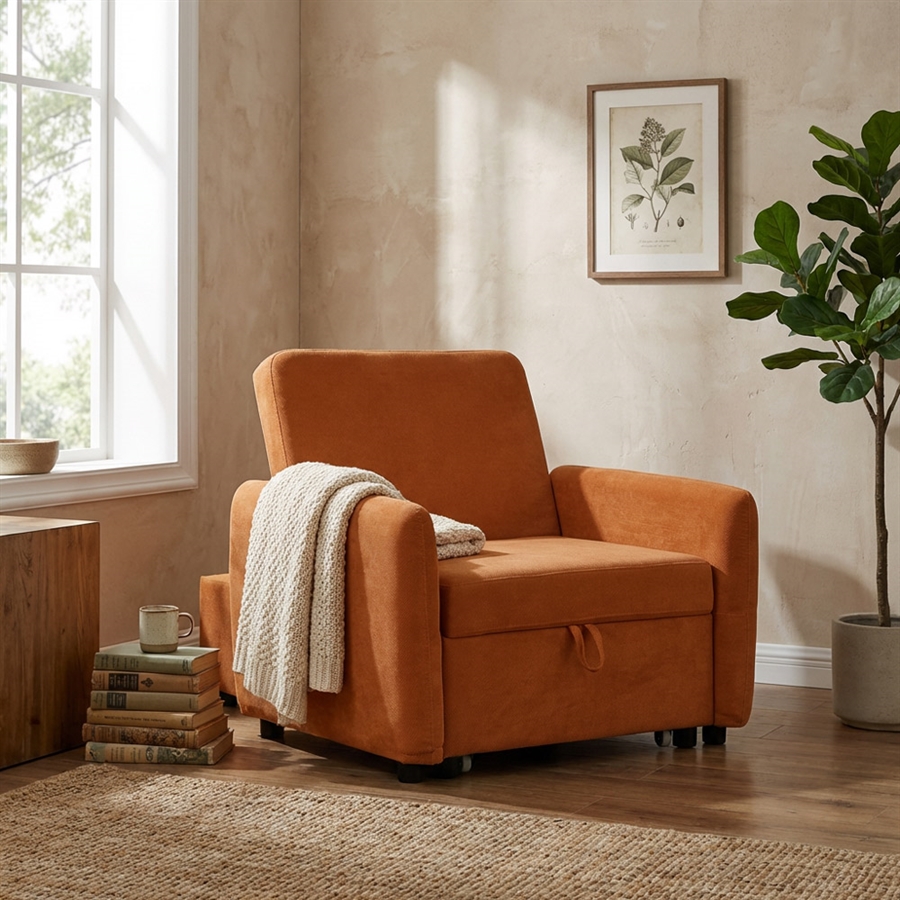 Poltrona Letto Trasformabile Mendler HWC-E68, In Tessuto Rosso Arancione, Imbottita, Con Schienale Regolabile In 5 Posizioni