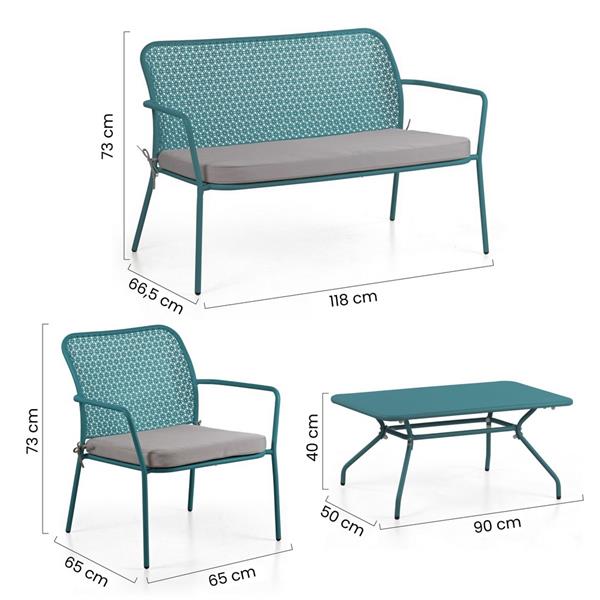 Set da giardino in acciaio con cuscini motivo floreale blu - Daisy