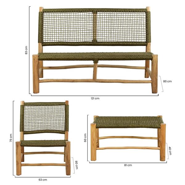 Set da giardino divano e 2 poltrone in teak e corda verde - Terra