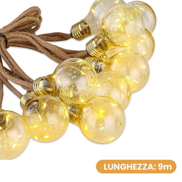 Catenarie per esterno con filo in corda e pannello solare con 20 bulbi