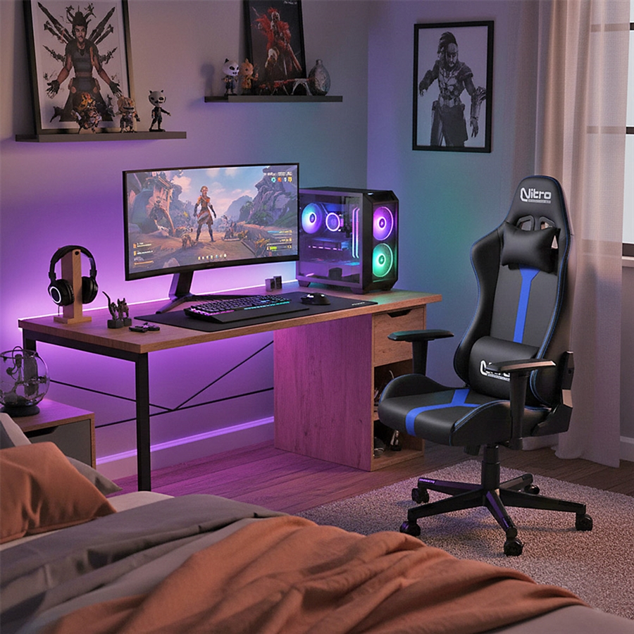 Nitro - Sedia Ergonomica da Gaming e Ufficio in Tessuto Scamosciato, Girevole Con Cuscino Lombare, Poggiatesta, Braccioli, Reclinabile Nathan (Blu/Nero