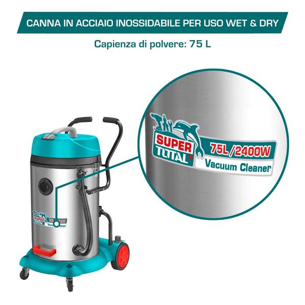 Bidone aspiratutto potente da 75L con motore da 2400W