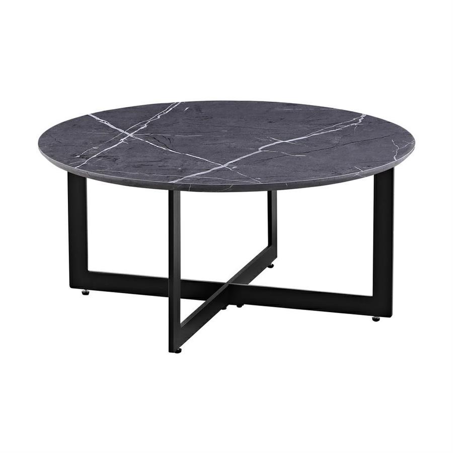 Tavolino tondo basso con top effetto marmo grigio scuro con piedi neri 75x75x35 cm - Yara