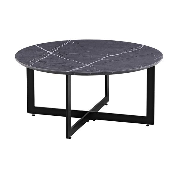 Tavolino tondo basso con top effetto marmo grigio scuro con piedi neri 75x75x35 cm - Yara