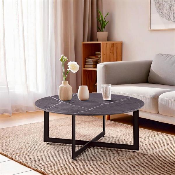Tavolino tondo basso con top effetto marmo grigio scuro con piedi neri 75x75x35 cm - Yara