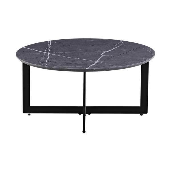Tavolino tondo basso con top effetto marmo grigio scuro con piedi neri 75x75x35 cm - Yara