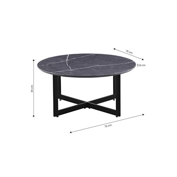 Tavolino tondo basso con top effetto marmo grigio scuro con piedi neri 75x75x35 cm - Yara