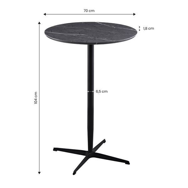Tavolo bar tondo 70x70x104 cm con top effetto marmo e base nera - Rowan