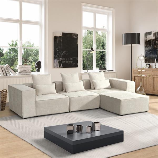 Divano modulare con penisola in tessuto beige 323x118-205x68 cm - Deluxe