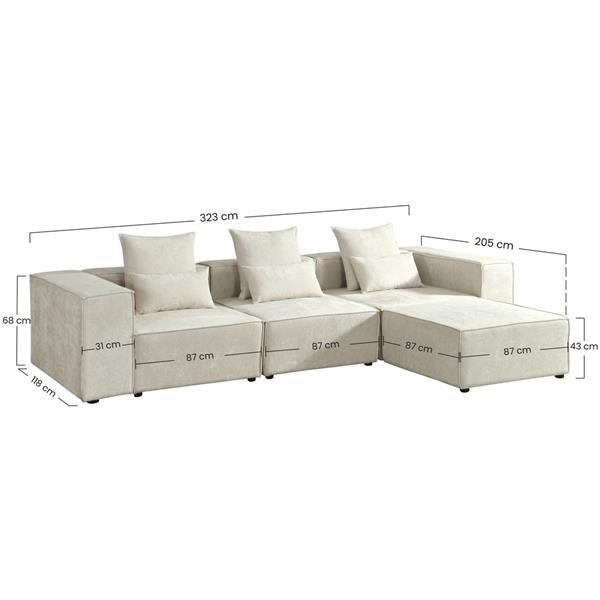Divano modulare con penisola in tessuto beige 323x118-205x68 cm - Deluxe