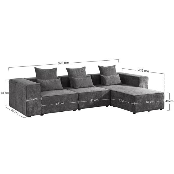 Divano angolare in tessuto grigio scuro 323x118-205x68 cm - Deluxe