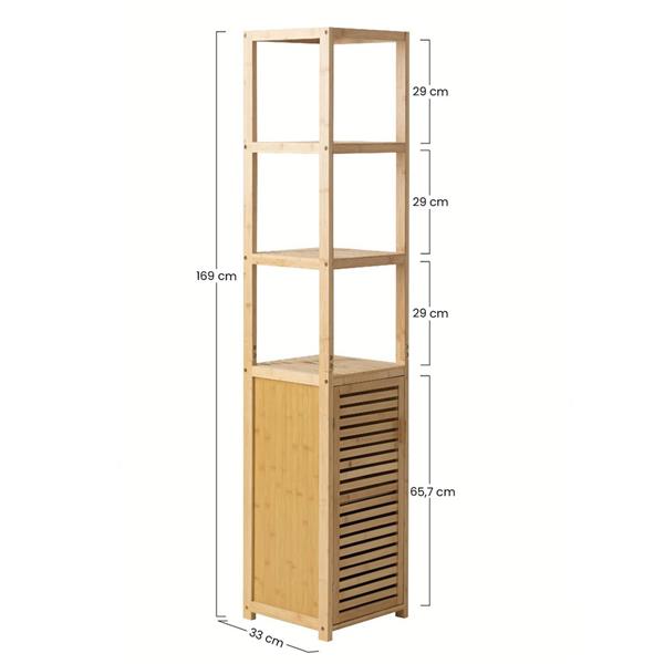 Mobile colonna bagno in bambù con 1 anta e 3 ripiani 33x33x169 cm