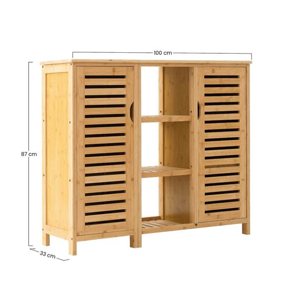Mobiletto in bambu' 2 ante con vani interni e 3 ripiani a vista 100x33x87 cm