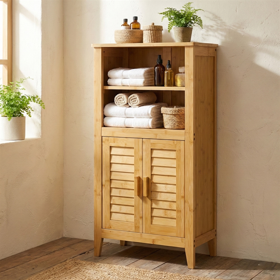 RoyalHouse Armadietto In Bambù – 2 Ante E 3 Ripiani Aperti – Mobile Organizer Per Bagno, Cucina, Soggiorno – Ecologico