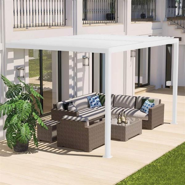 Pergola 3x4 bioclimatica da parete bianca con LED solare - Eden