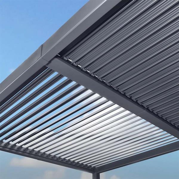 Pergola 4x4 bioclimatica autoportante in alluminio antracite con LED solare - Eden