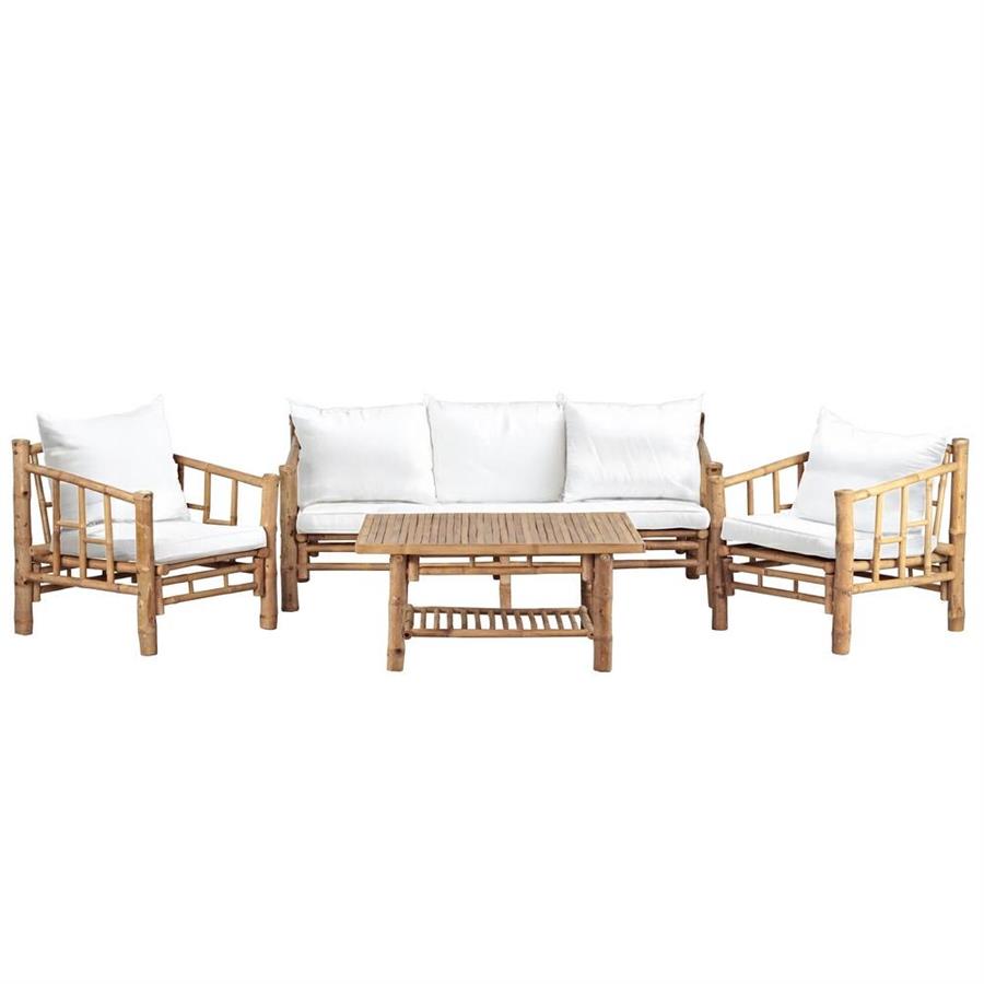 Salottino da giardino 5 posti in bamboo con cuscini bianchi - Akira
