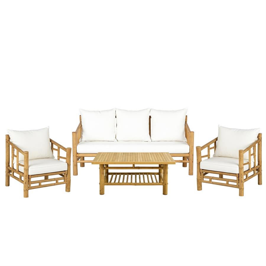 Salottino da giardino 5 posti in bamboo con cuscini bianchi - Akira