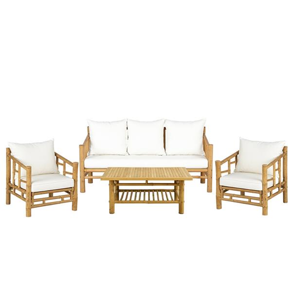 Salottino da giardino 5 posti in bamboo con cuscini bianchi - Akira