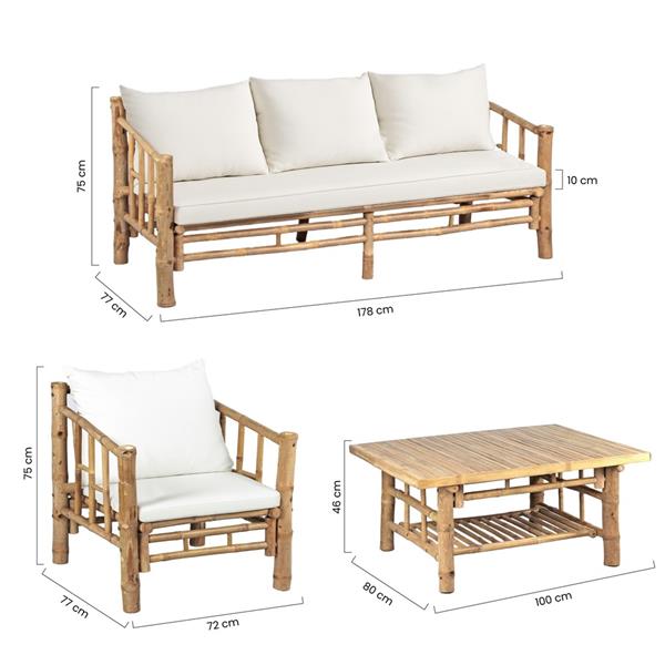 Salottino da giardino 5 posti in bamboo con cuscini bianchi - Akira