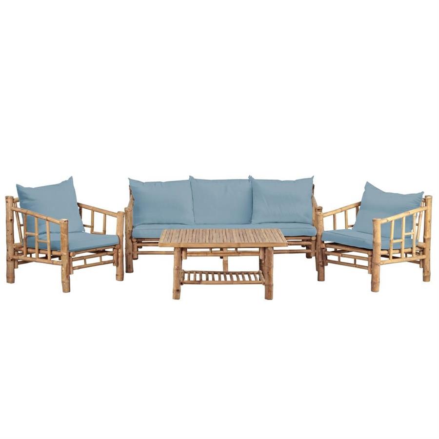 Set giardino divano due poltrone e tavolino in bambù con cuscini blu - Akira