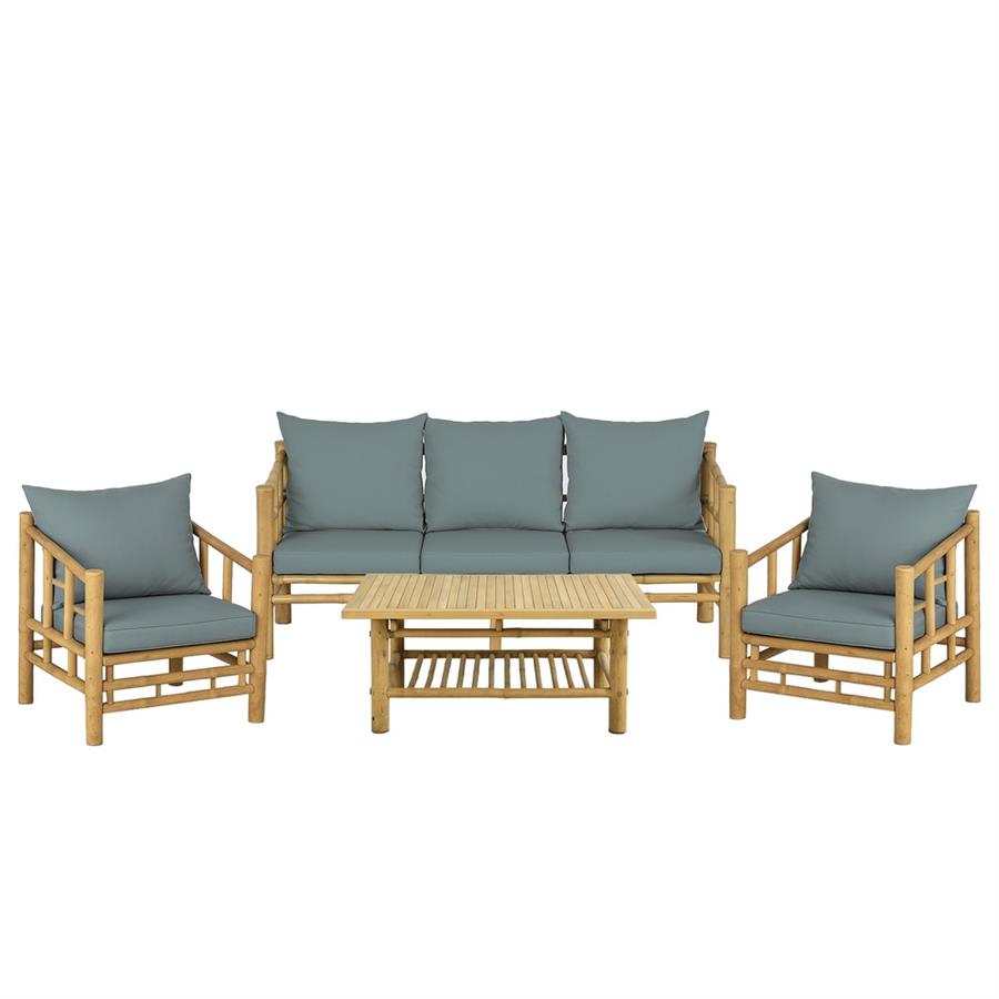 Set giardino divano due poltrone e tavolino in bambù con cuscini blu - Akira