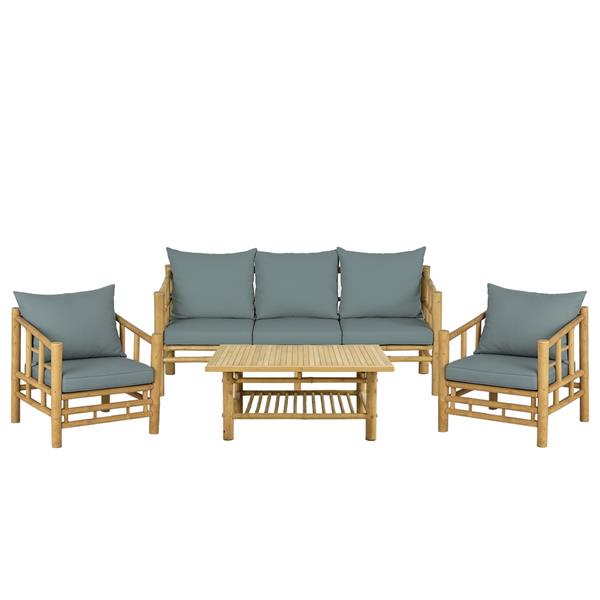 Set giardino divano due poltrone e tavolino in bambù con cuscini blu - Akira