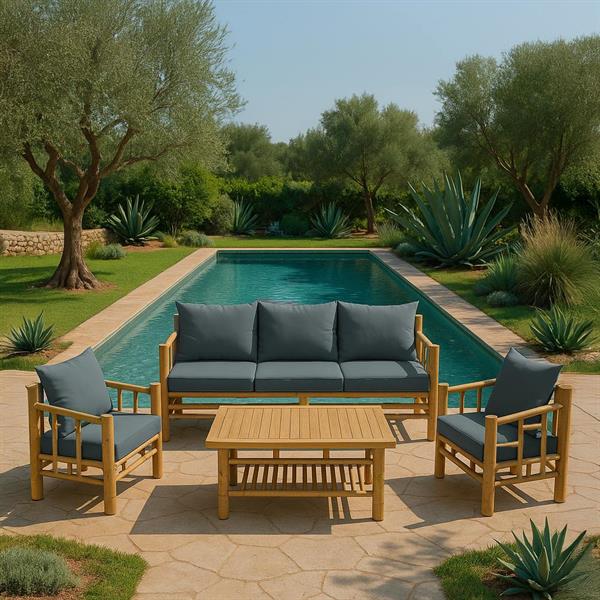 Set giardino divano due poltrone e tavolino in bambù con cuscini blu - Akira