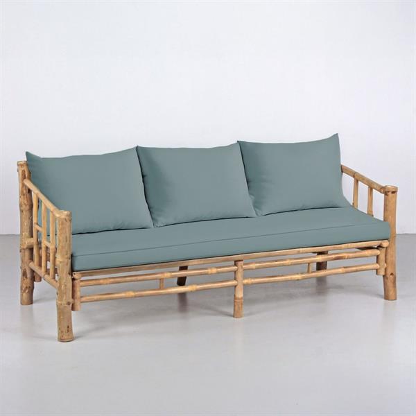 Set giardino divano due poltrone e tavolino in bambù con cuscini blu - Akira