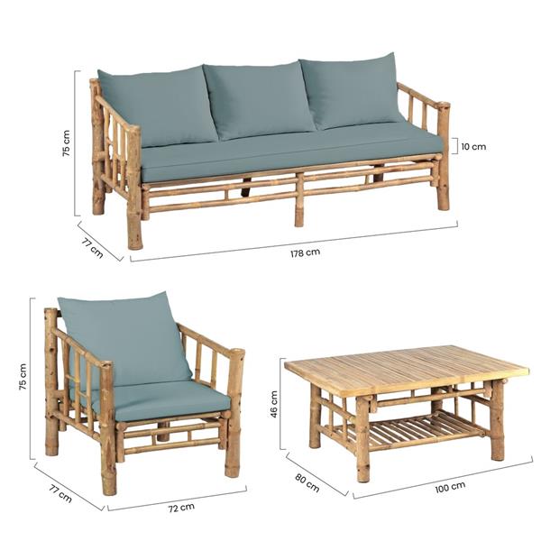 Set giardino divano due poltrone e tavolino in bambù con cuscini blu - Akira