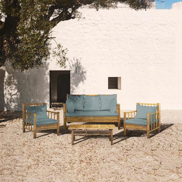 Salotto da giardino in Bambù 4 posti con cuscini blu - Yasmin