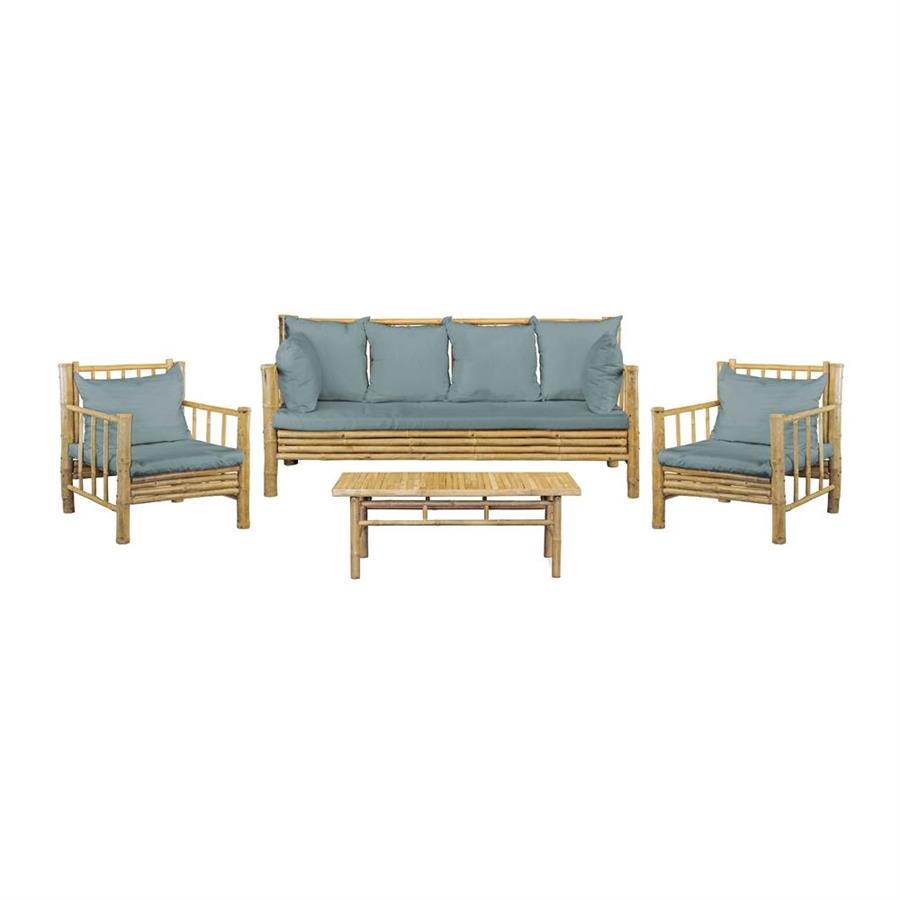 Salotto da giardino in bamboo 5 posti con cuscini blu - Yasmin