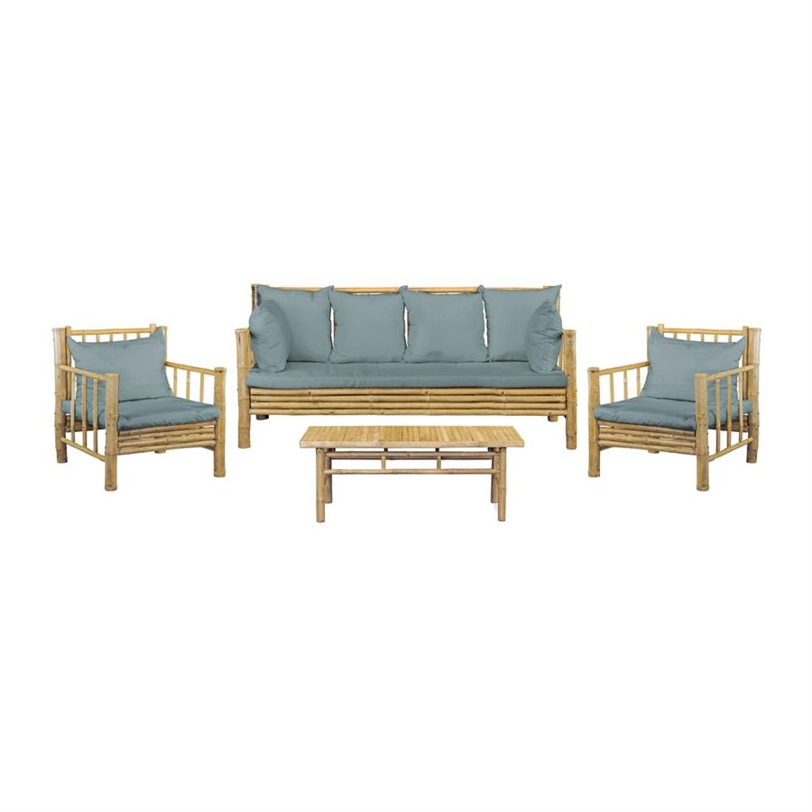 Salotto da giardino in bamboo 5 posti con cuscini blu - Yasmin