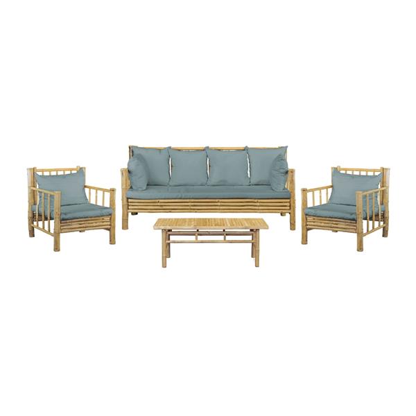 Salotto da giardino in bamboo 5 posti con cuscini blu - Yasmin