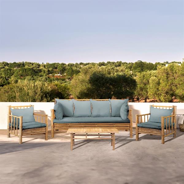 Salotto da giardino in bamboo 5 posti con cuscini blu - Yasmin