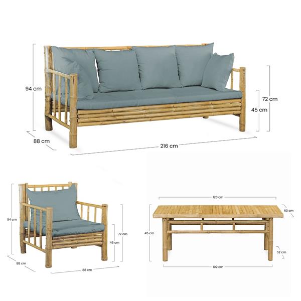 Salotto da giardino in bamboo 5 posti con cuscini blu - Yasmin