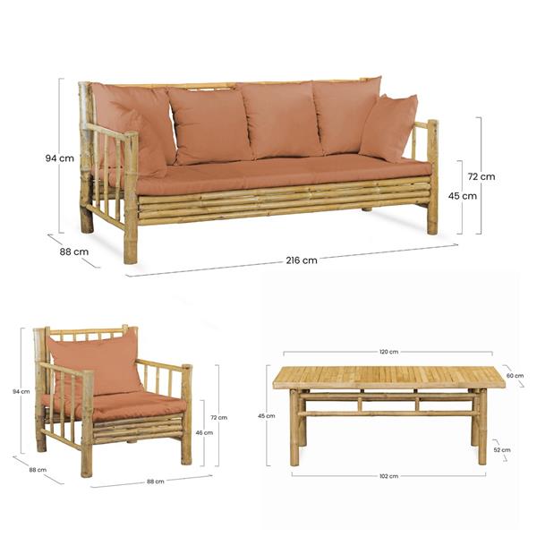Set da giardino in legno di bambù con cuscini terra inclusi - Yasmin