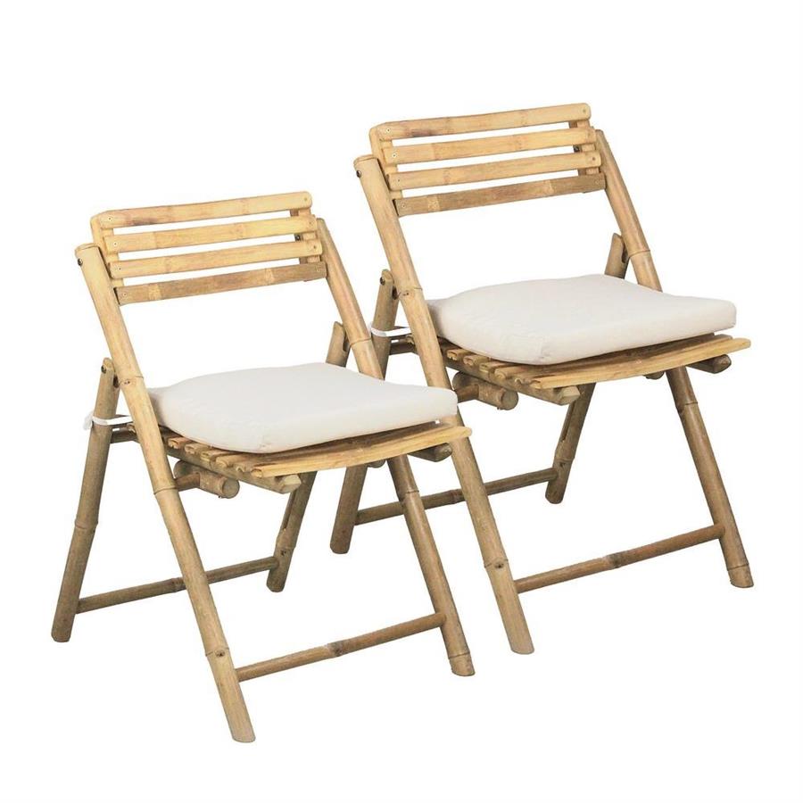 Coppia di sedie pieghevoli da giardino in legno di bamboo e cuscini inclusi