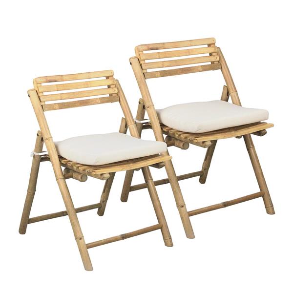 Coppia di sedie pieghevoli da giardino in legno di bamboo e cuscini inclusi