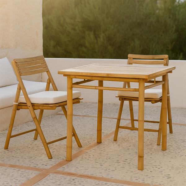 Coppia di sedie pieghevoli da giardino in legno di bamboo e cuscini inclusi