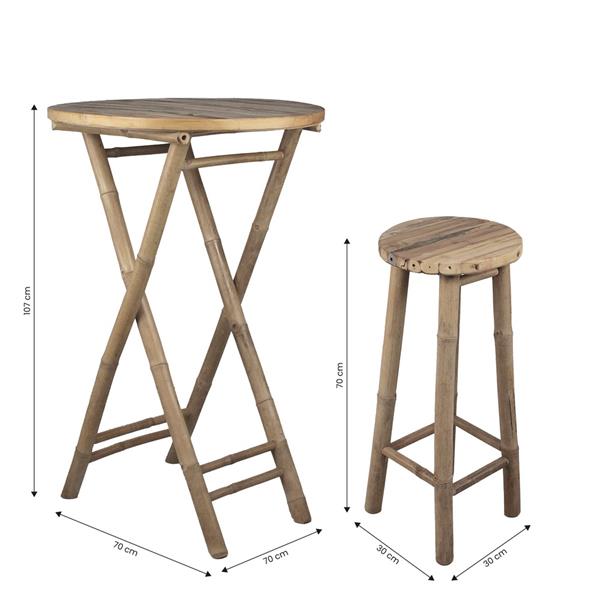 Set bar in bamboo con tavolo pieghievole e due sgabelli
