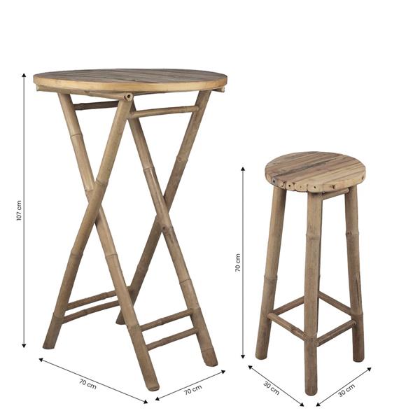 Set bar in bamboo con tavolo pieghievole e due sgabelli