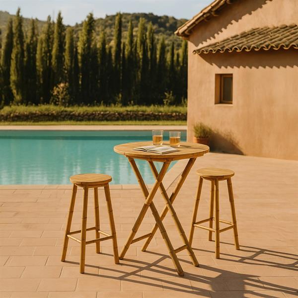 Set bar in bamboo con tavolo pieghievole e due sgabelli