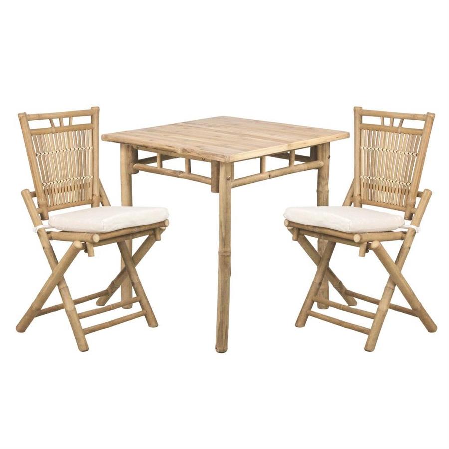 Set da giardino in legno di bambù con sedie pieghevoli e cuscini inclusi