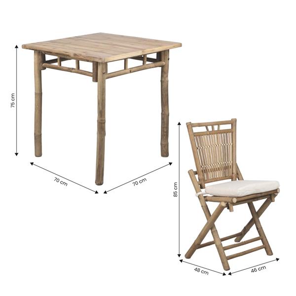 Set da giardino in legno di bambù con sedie pieghevoli e cuscini inclusi