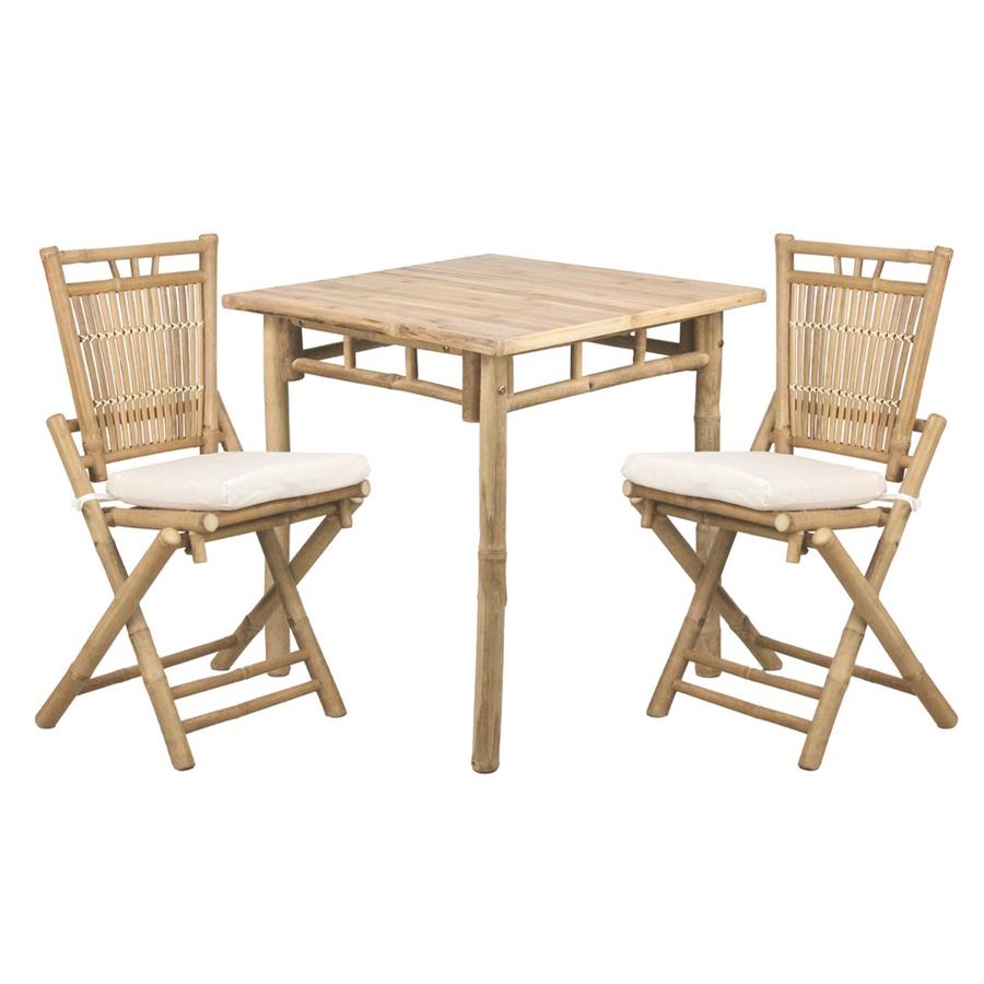Set da giardino in legno di bambù con sedie pieghevoli e cuscini inclusi