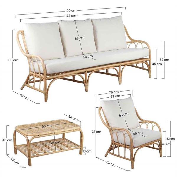Set da giardino in rattan naturale con divano e 2 poltrone - Giuko