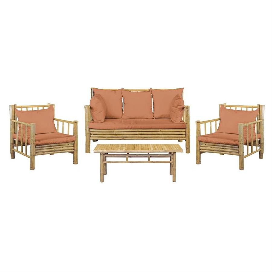 Set divano, poltrone e tavolino da giardino in bamboo con cuscini terra - Yasmin