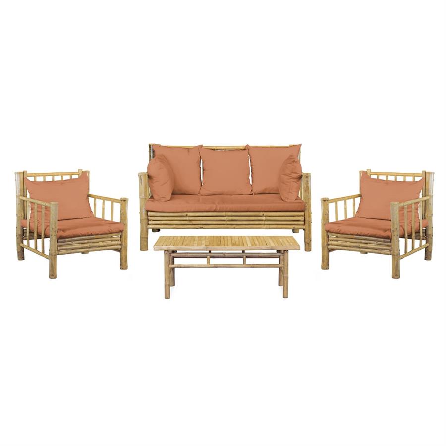 Set divano, poltrone e tavolino da giardino in bamboo con cuscini terra - Yasmin