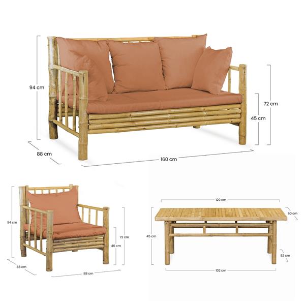 Set divano, poltrone e tavolino da giardino in bamboo con cuscini terra - Yasmin